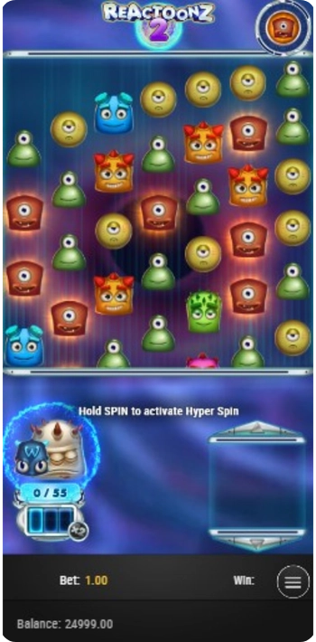 Reactoonz 2 -peli Hyper Spin -toiminnon kanssa aktivoituna, näyttää symbolien siirrot